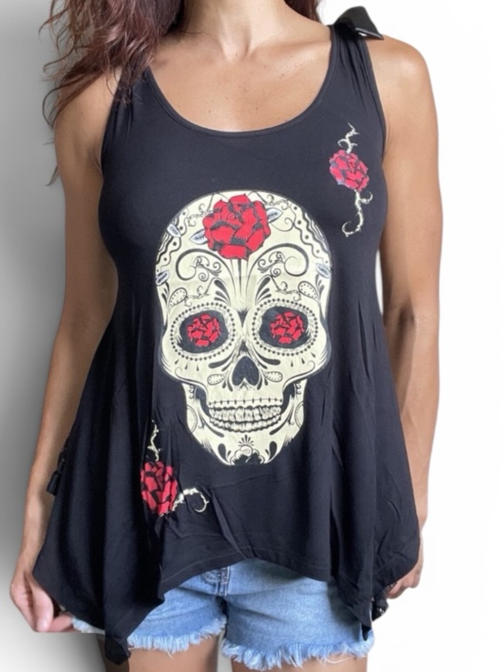 Jawbreakers Black Sleeveless Skull & Rose Graphic Tank Top